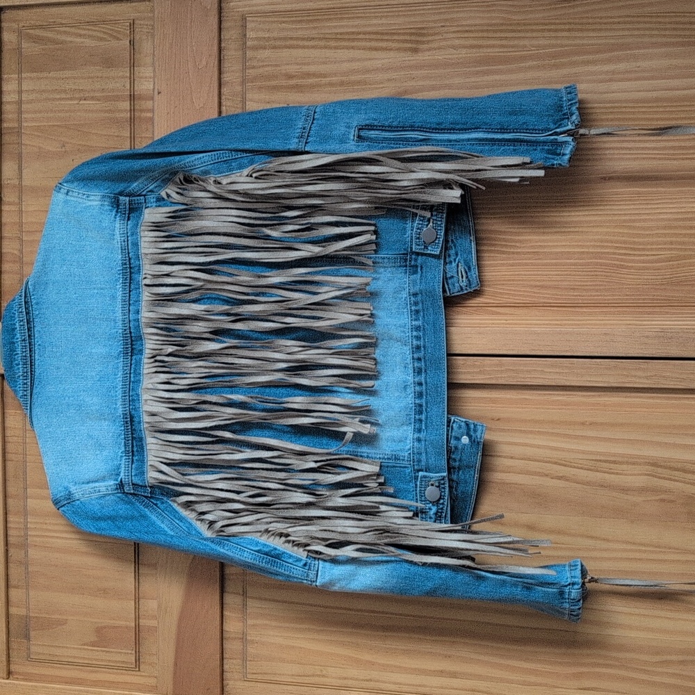 143 Story boutique leather fringe denim jacket